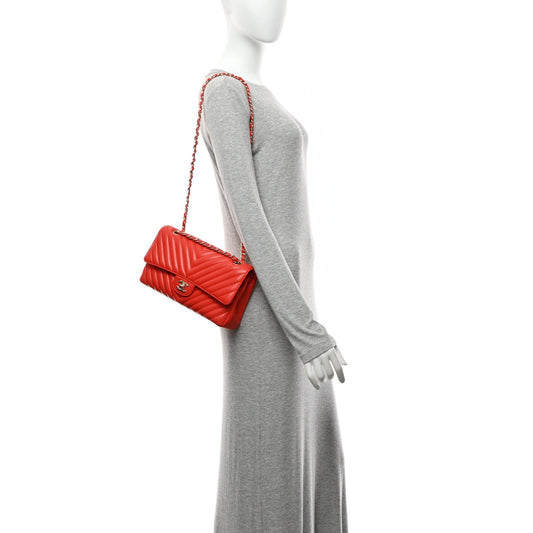 Lambskin Chevron Quilted Medium Double Flap Red