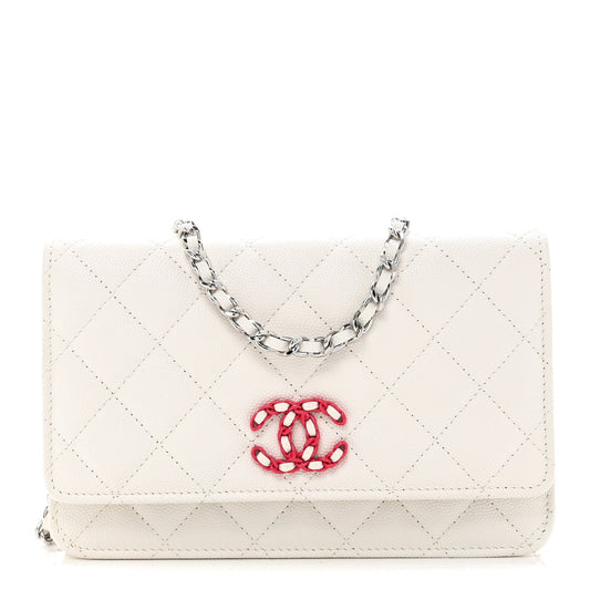 Caviar Quilted Chanel 19 Wallet On Chain WOC White Pink