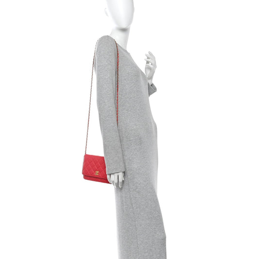 Lambskin Quilted CC Pearl Crush Wallet on Chain WOC Red