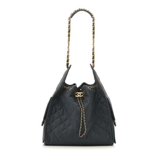 Canvas Quilted Medium Chanel 25 Handbag Dark Blue