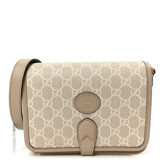 GG Supreme Monogram Textured Dollar Calfskin Mini Retro Interlocking G Flap Shoulder Bag Beige Mystic White Oatmeal