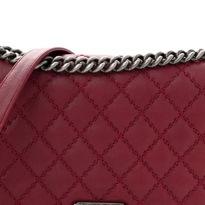 Calfskin Quilted Double Stitch New Medium Boy Flap Burgundy