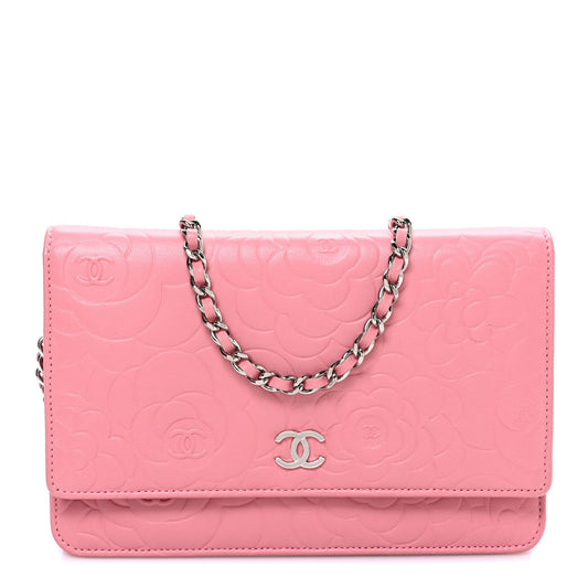 Lambskin Camellia Embossed Wallet on Chain WOC Pink