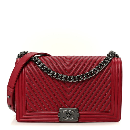 Calfskin Chevron Quilted Large Chain Boy Flap Red