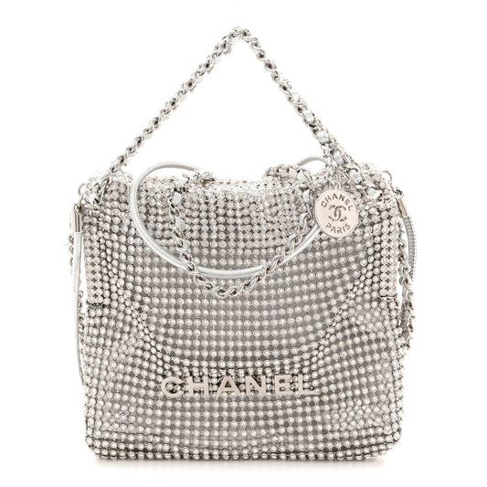 Crystal Embellished Metallic Lambskin Mini Chanel 22 Silver