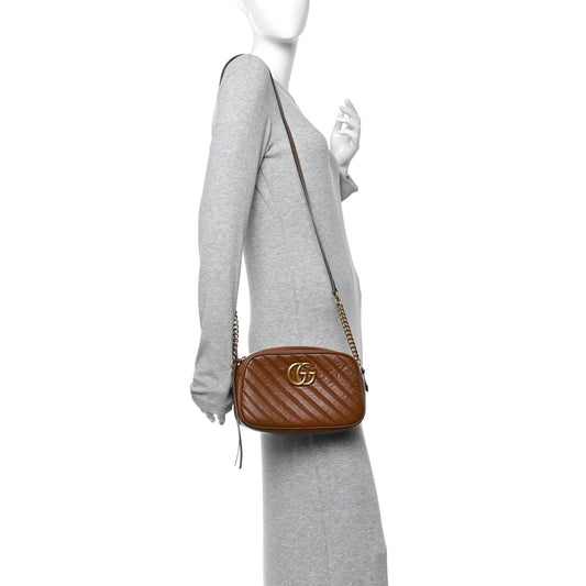 Glazed Calfskin Matelasse Diagonal Small GG Marmont Chain Shoulder Bag Cuir