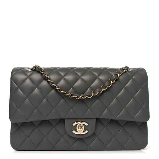 Lambskin Quilted Medium Double Flap Grey