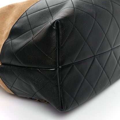 Suede Shiny Lambskin Quilted Large Shopping Bag Beige Black