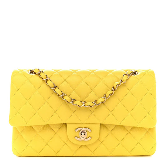 Caviar Quilted Medium Double Flap Yellow