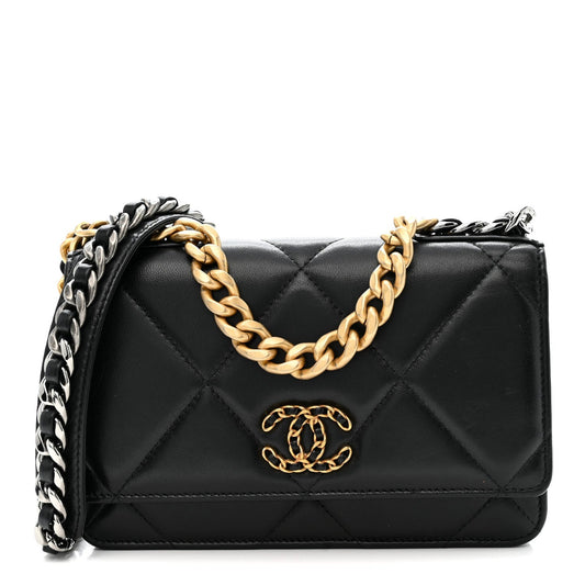Lambskin Quilted Chanel 19 Wallet On Chain WOC Black