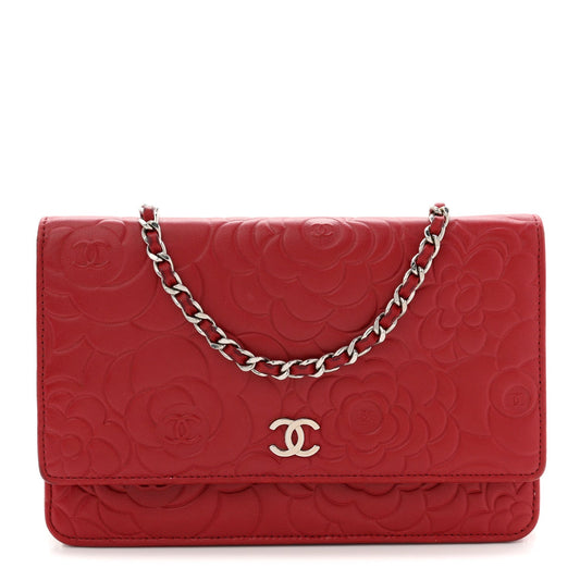 Lambskin Camellia Embossed Wallet On Chain WOC Red