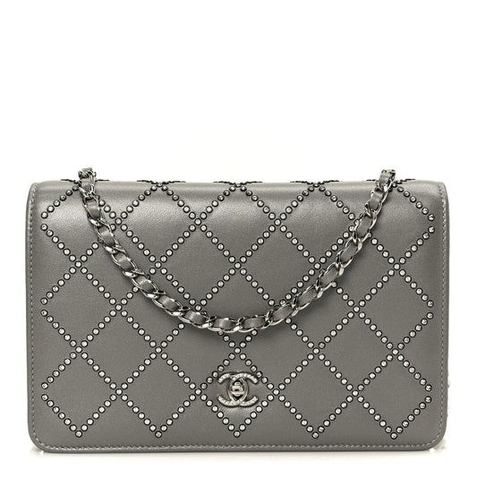 Lambskin Crystal Quilted Wallet On Chain WOC Grey