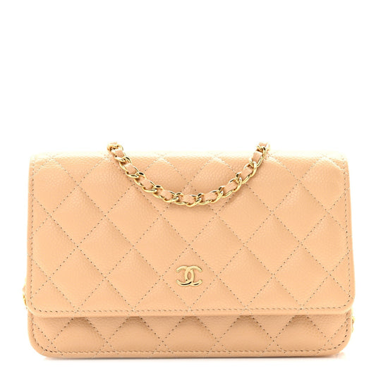 Caviar Quilted Wallet on Chain WOC Beige