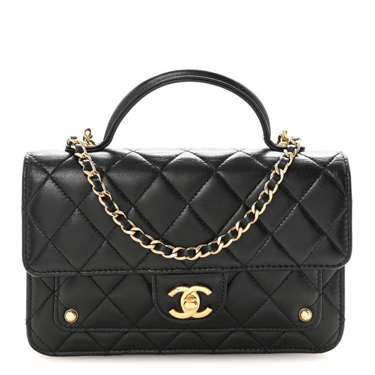 Lambskin Quilted Preppy Satchel Wallet On Chain WOC Black