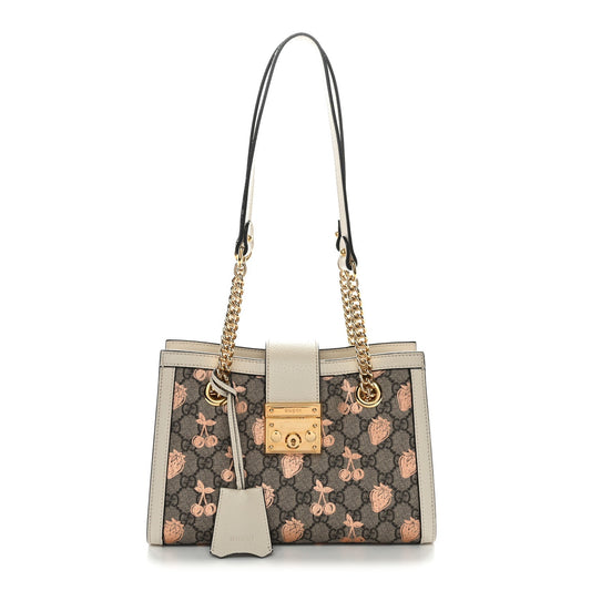 GG Supreme Monogram Berry Textured Dollar Calfskin Small Padlock Tote Beige Ebony Light Copper Mystic White