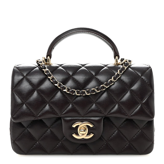 Lambskin Quilted Mini Top Handle Rectangular Flap Dark Purple