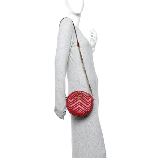 Glazed Calfskin Matelasse Heart Mini GG Marmont Round Shoulder Bag Romantic Cerise