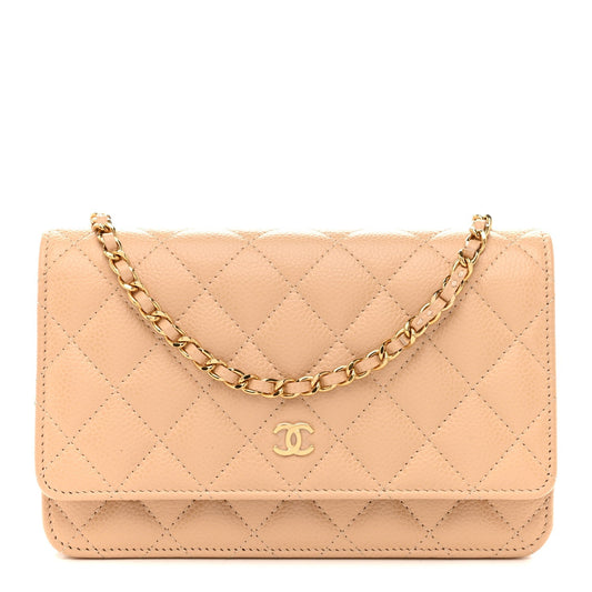 Caviar Quilted Wallet on Chain WOC Beige