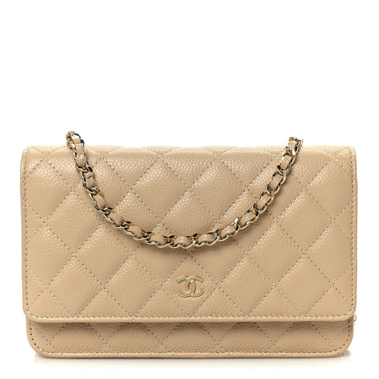 Caviar Quilted Wallet on Chain WOC Beige