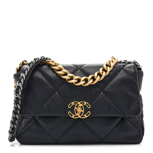 Lambskin Quilted Large Chanel 19 Flap Navy Blue