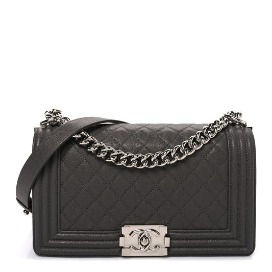 Caviar Quilted Medium Boy Flap Dark Grey