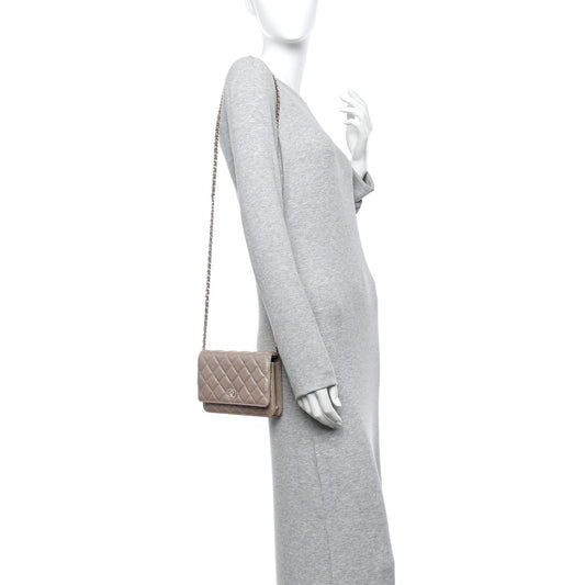 Iridescent Caviar Quilted Wallet on Chain WOC Beige
