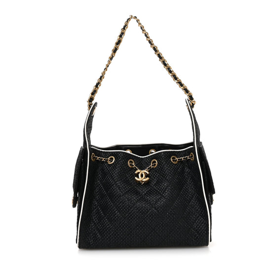 Braided Raffia Calfskin Small Chanel 25 Handbag Black White
