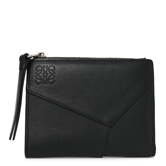 Calfskin Puzzle Zip Slim Compact Bi-Fold Wallet Black