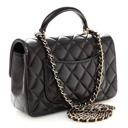 Lambskin Quilted Mini Top Handle Rectangular Flap Dark Purple