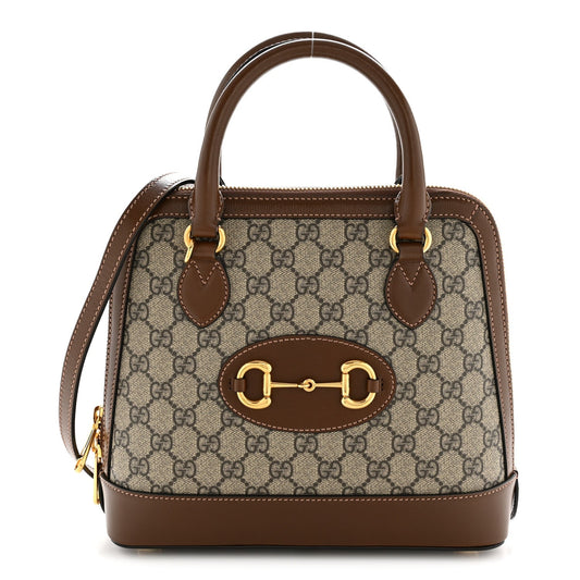 GG Supreme Monogram Azalea Calfskin Small Horsebit 1955 Top Handle Bag Beige Ebony Brown Sugar