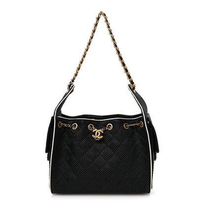 Braided Raffia Calfskin Small Chanel 25 Handbag Black White