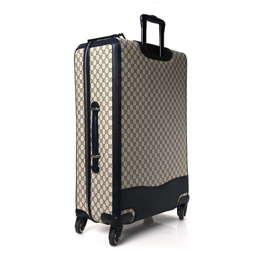 GG Supreme Monogram Textured Dollar Calfskin Web Large Savoy Trolley Suitcase Beige Blue