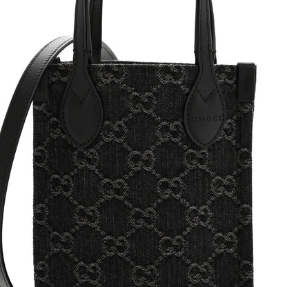 Denim Cuoio Harness GG Monogram Mini Ophidia Tote Bag Black Medium Grey