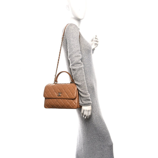 Lambskin Quilted Medium Trendy CC Flap Dual Handle Bag Camel