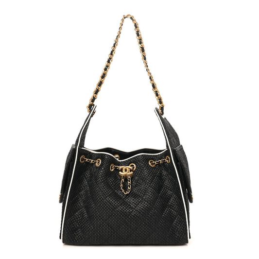 Braided Raffia Calfskin Quilted Small Chanel 25 Handbag Black White