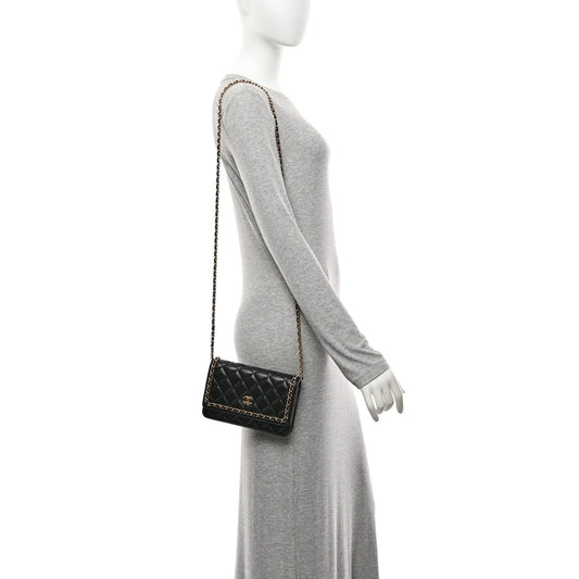 Lambskin Quilted Chain Around Wallet On Chain WOC Black