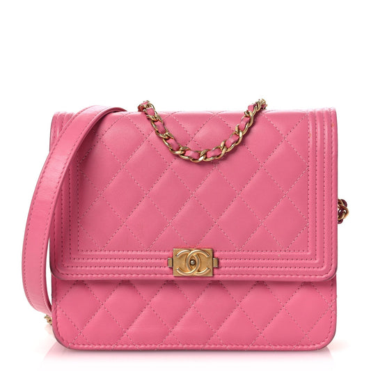 Lambskin Quilted Boy Square Wallet on Chain WOC Pink