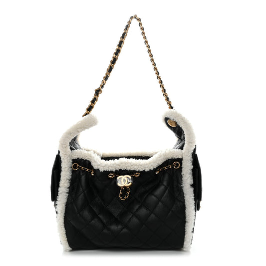 Crumpled Sheepskin Shearling Quilted Small Chanel 25 Handbag Black White