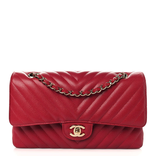 Caviar Chevron Quilted Medium Double Flap Red