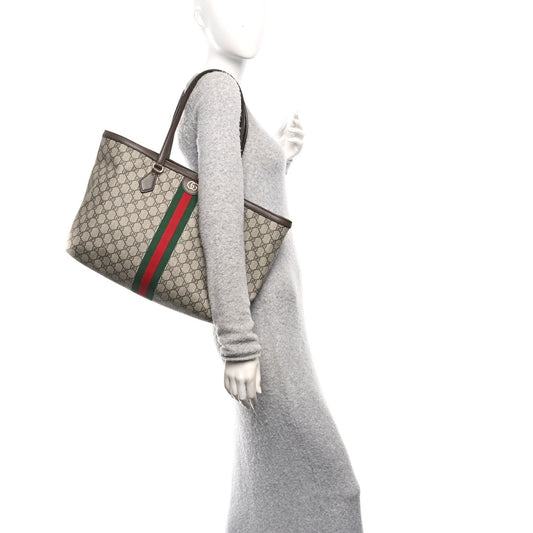 GG Supreme Monogram Textured Calfskin Web Medium Ophidia Shopping Tote Beige Ebony New Acero