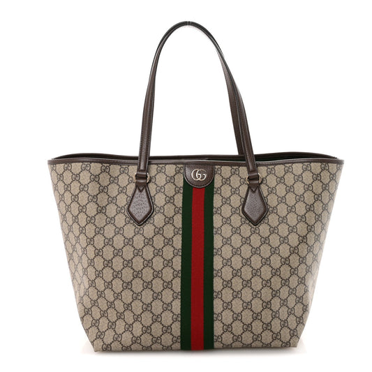 GG Supreme Monogram Calfskin Web Large Ophidia Tote Beige Dark Brown