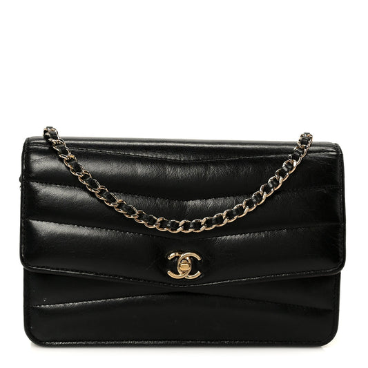 Lambskin Chevron Quilted Wallet On Chain WOC Black