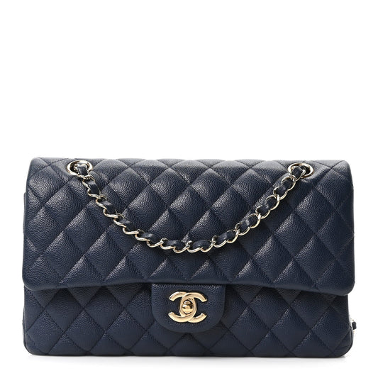 Caviar Quilted Medium Double Flap Navy