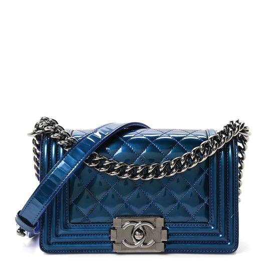 Metallic Patent Calfskin Quilted Small Boy Flap Blue