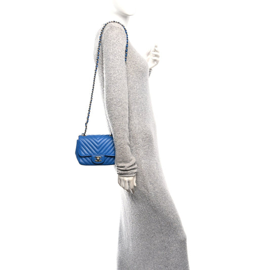 Lambskin Chevron Quilted Mini Square Flap Blue