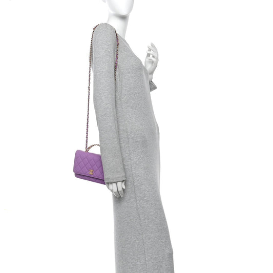 Lambskin Quilted Pick Me Up Wallet On Chain WOC Purple