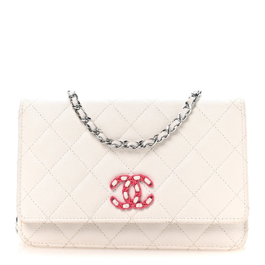 Caviar Quilted Chanel 19 Wallet on Chain WOC White Pink