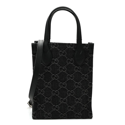 Denim Cuoio Harness GG Monogram Mini Ophidia Tote Bag Black Medium Grey