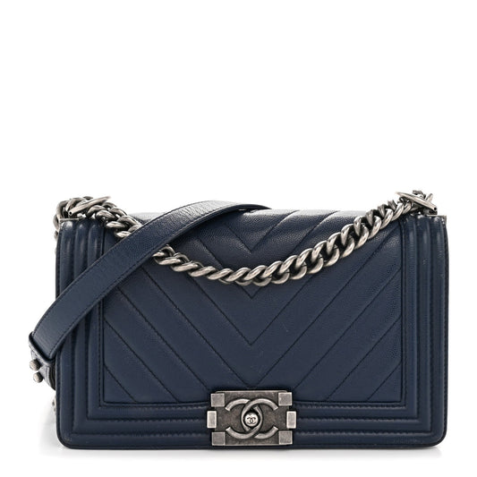 Caviar Chevron Quilted Medium Boy Flap Navy