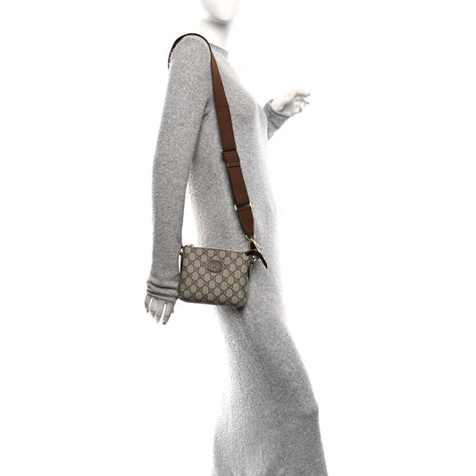 GG Supreme Monogram Azalea Calfskin Small Retro Interlocking G Wristlet Messenger Bag Beige Ebony Brown Sugar